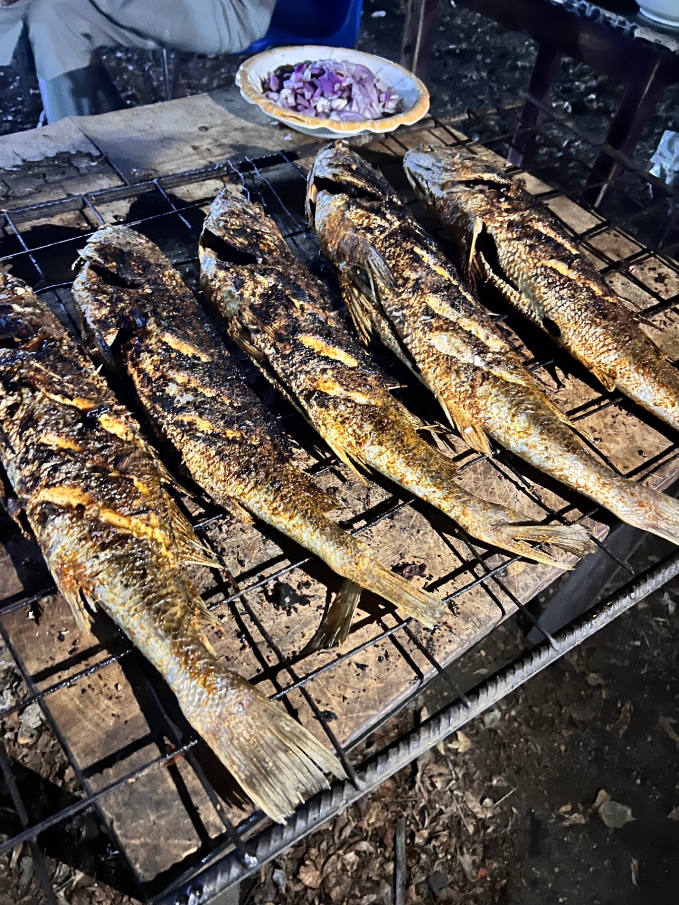 Whole fish grilling over the open grill, onions on the side